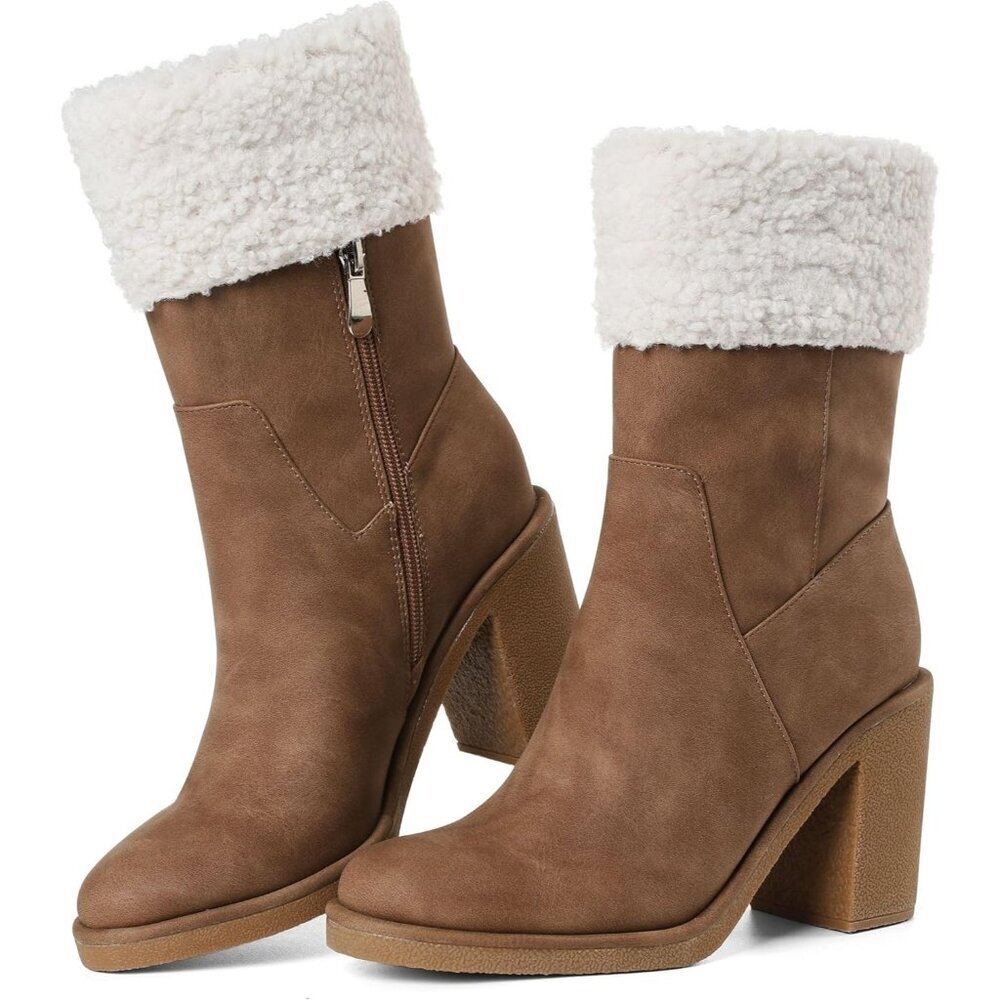 Women's Khaki Comfortable Side Zipper Mid Chunky Heel Suede Warm Fur Ankle Boots
